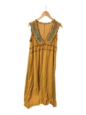 Women's Sleeveless Midi Dress Marigold White Polka Dot Teal Embroidery Size L